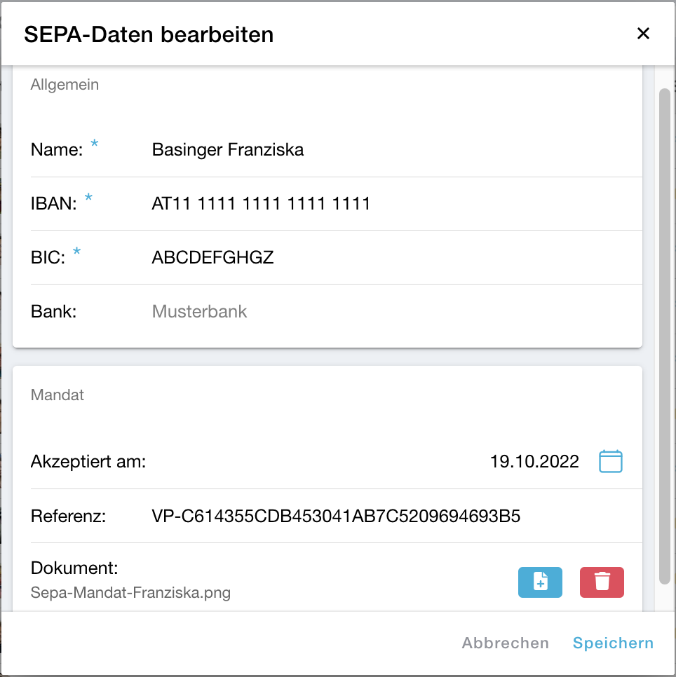 Detailansicht der Bankdaten und des SEPA Mandats eines Mitglieds