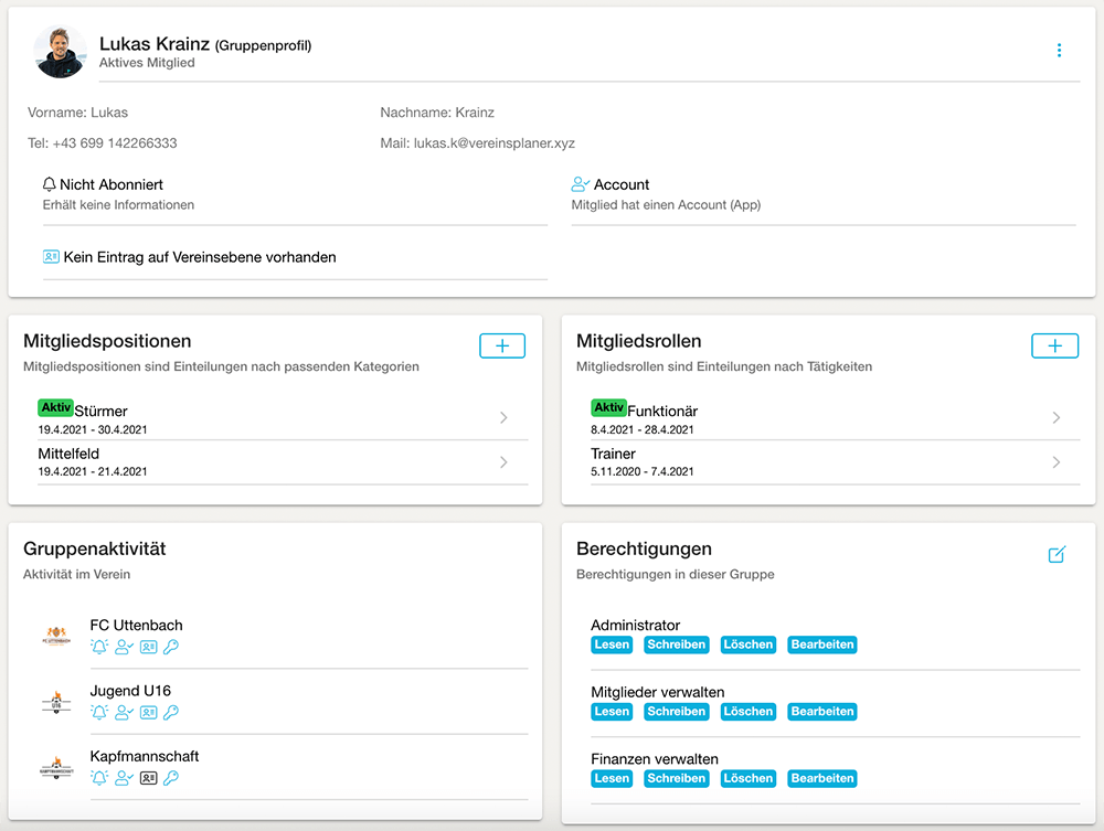 Bild Screenshot Vereinsplaner Mitgliederverwaltung – Detailprofil eines Mitglieds