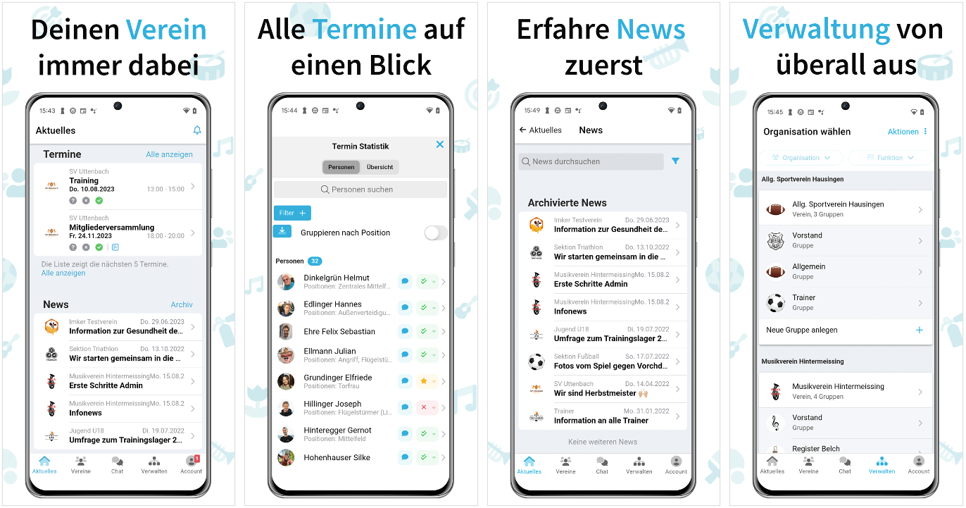 Die neue Version der mobilen App vom Vereinsplaner - diverse Screens