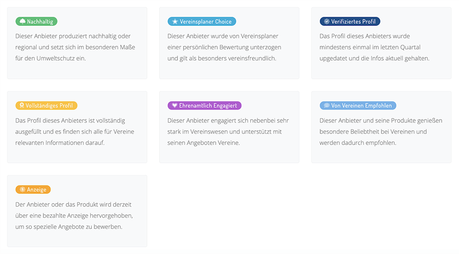 Übersicht der Auszeichnungen für Unternehmen auf der Vereinskaufhausseite