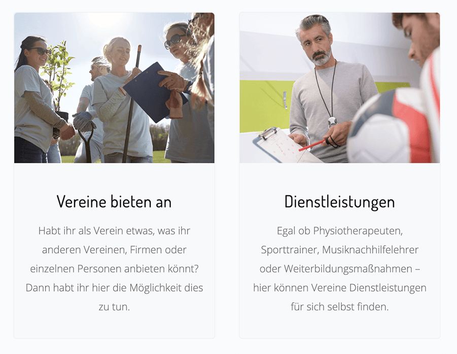 Kategorie "Vereine bieten an" und Dienstleistungen für Vereine inkl. Beschreibung