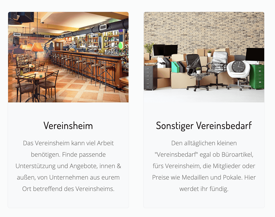 Kategorie Vereinsheim und "sonstiger Bedarf" für Vereine inkl. Beschreibung