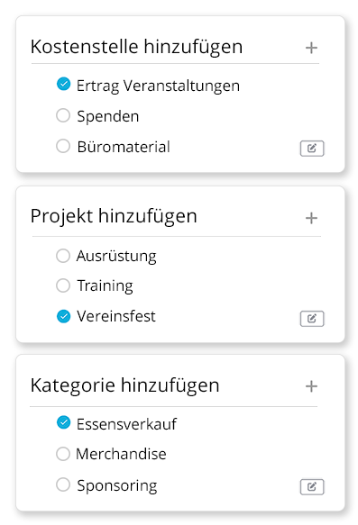 Kostenstellen, Projekte und Kategorien zu Buchungen hinzufügen