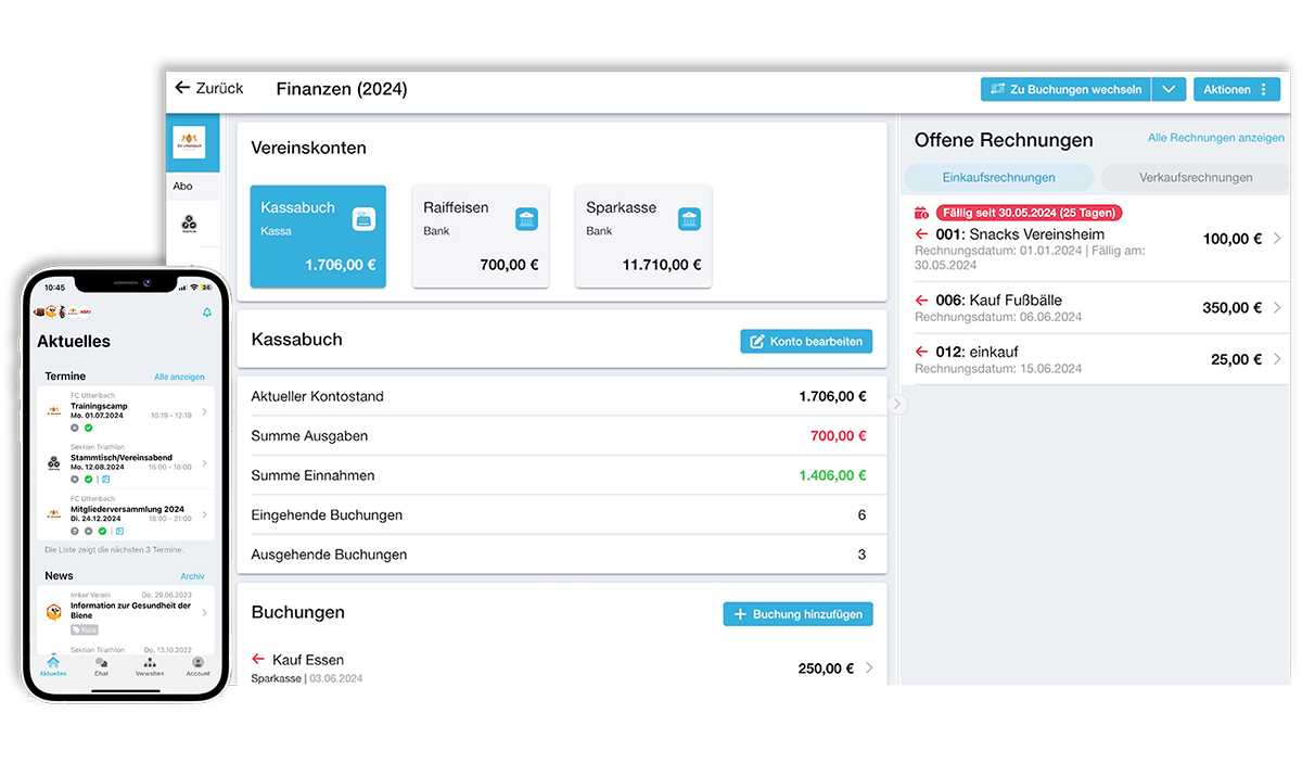 Vereinsplaner Software auf einem Laptop und einem Handy in Verwendung