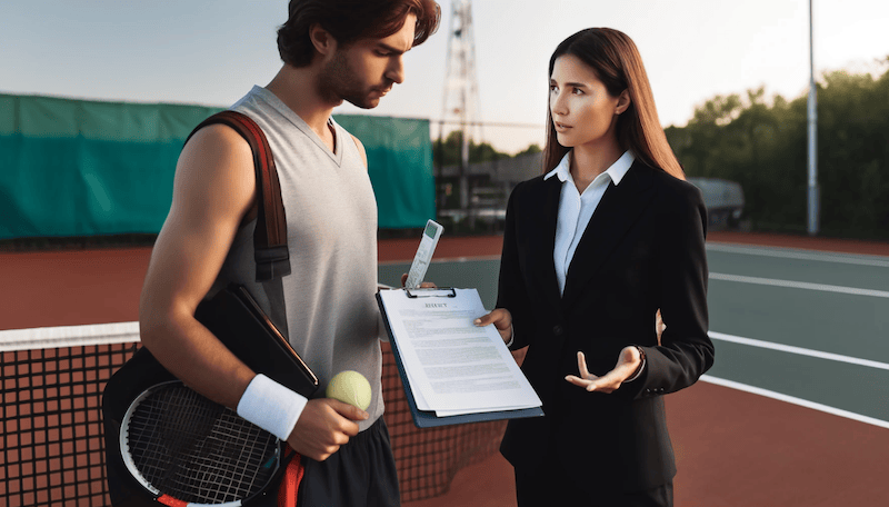 Anwältin und Vereinsvorstand eines Tennisvereins tauschen sich zum rechtlichen Themen im Sportverein aus