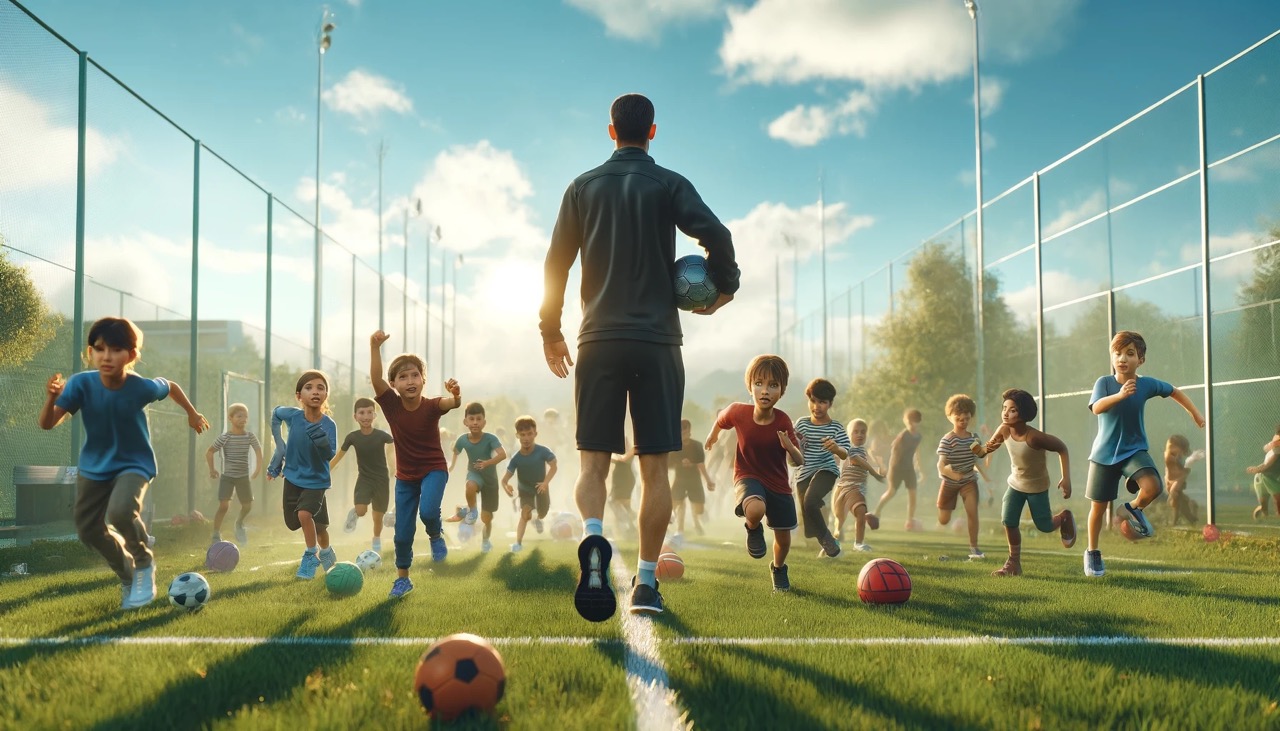 Trainer bei seiner Vereinsarbeit am Fußballfeld mit vielen Kindern