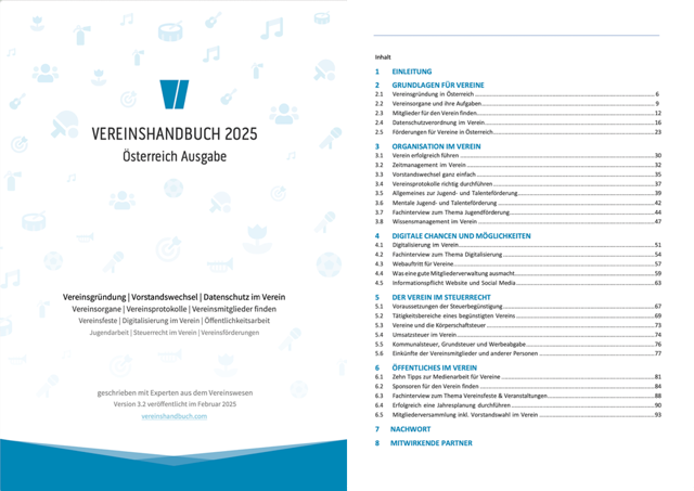 Titelblatt und Inhaltsverzeichnis des Vereinshandbuches