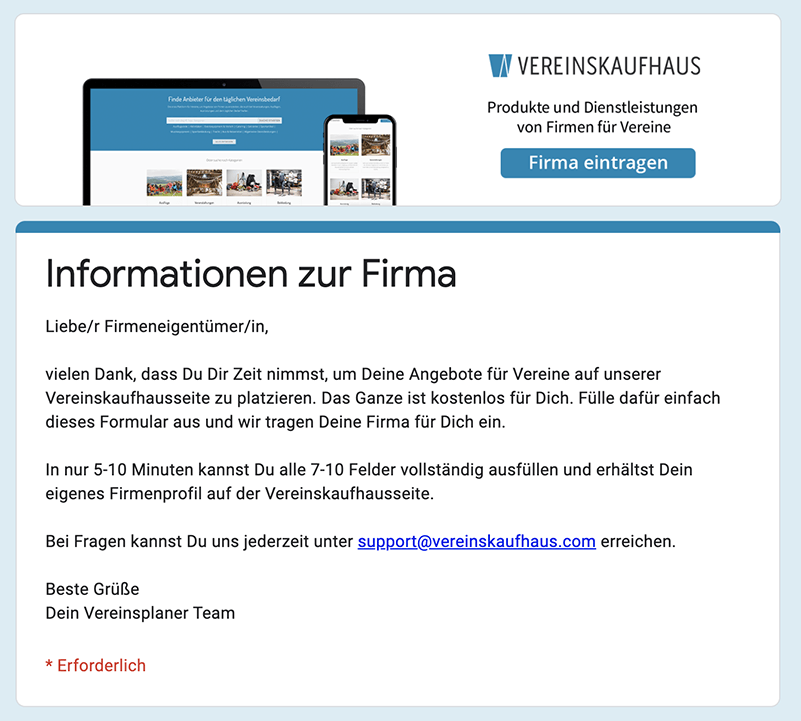 Formular zum Übermitteln der Firmendaten für das Vereinskaufhaus