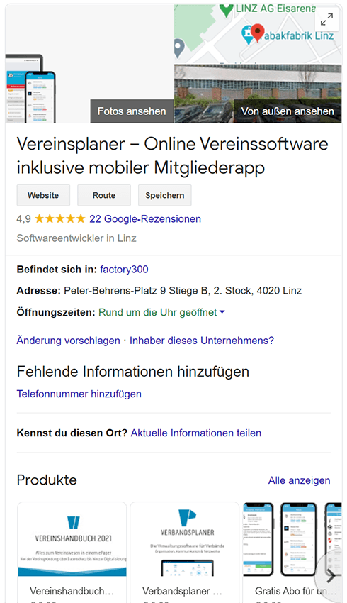 Google My Business Beispiel-Profil (wird immer rechts in der Google-Suche angezeigt)